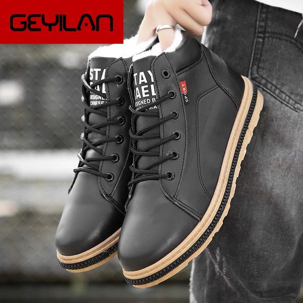 

winter snow boots men 2020 марка мужчины теплые ботинки мужской лодыжки lace-up вскользь botas мода ручной работы кожа comfy меха мужская, Black