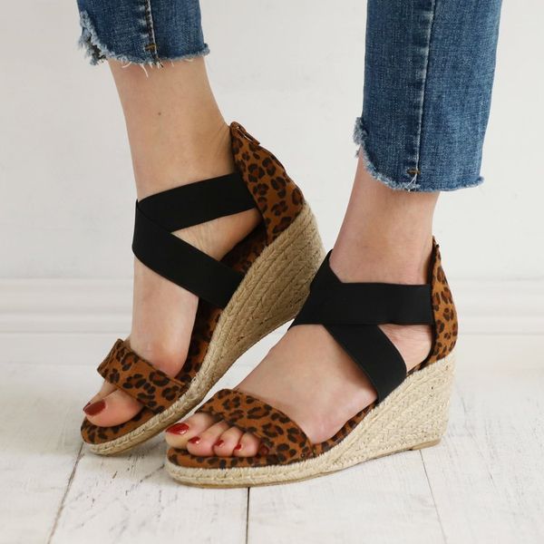

2020 women summer wedges sandals leopard cross tie snakeskin ladies open toe zipper beach shoes soft hemp bottom, Black