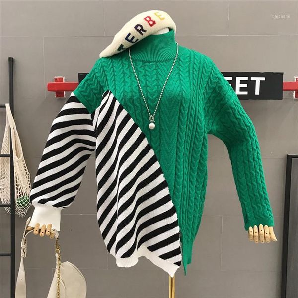 

ewq]2019 autumn new stripe sewing knitted sweater women winter fashion round neck long sleeve large size pullover knit 19n-a2191, White;black