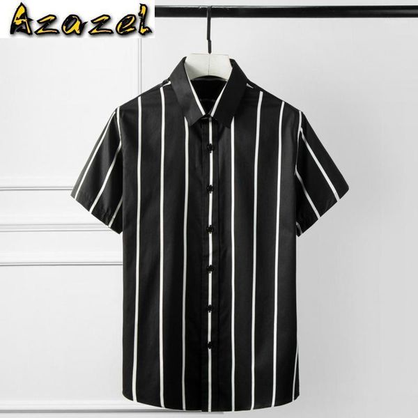 

azazel 100% cotton men shirt fashion white black striped men shirt short sleeve plus size 4xl patry wedding dress shirts1
