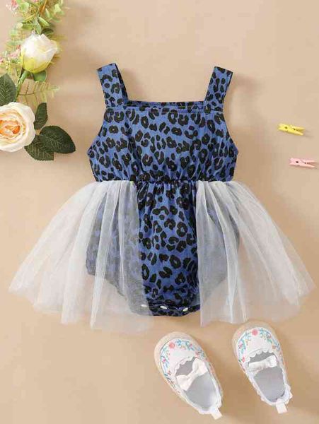 

baby leopard contrast mesh bodysuit she, Blue