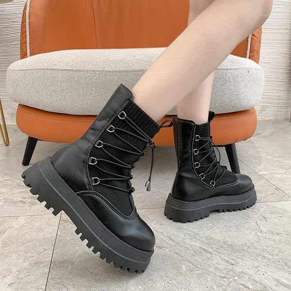 

2021 winter woman fashion sock boots new ankle boots platform women's round toe shoes women thick sole black1, Black