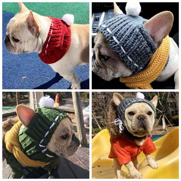 

dog apparel winter warm hat windproof knitted pet fur ball puppies accessories