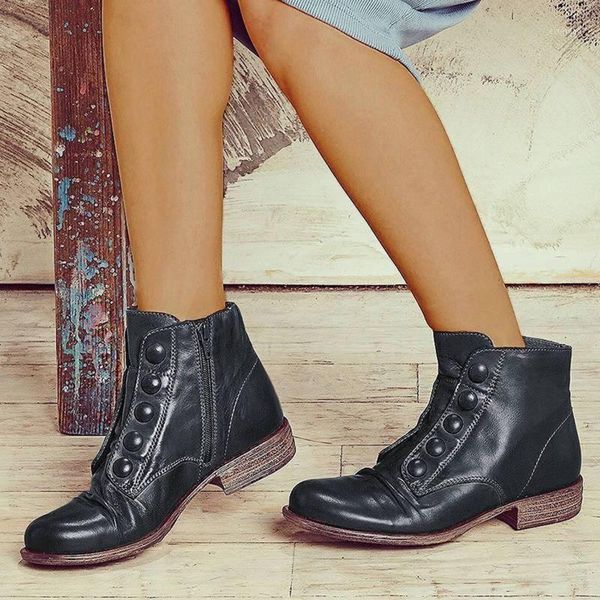 

boots pu leather retro series fashion women flat booties soft cowhide women's shoes front hasp female ankle zapatos mujer1, Black