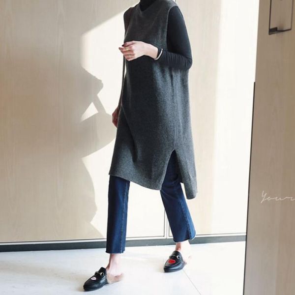 

vest dress new autumn winter long cardigan knitted women sweaters vest sleeveless warm sweater casual solid loose, Black;white
