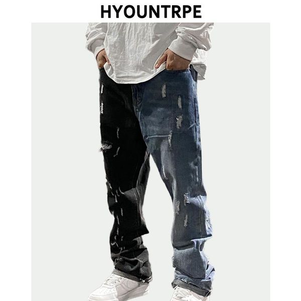 

men's jeans mens fashion denim flare pants patchwork ripped holes casual autumn winter streetwear hip hop long joggers, Blue