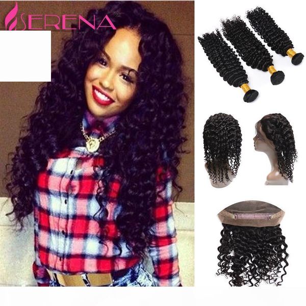 

brazilian deep wave hair weave bundles 360 lace frontal closure with bundles brazilian virgin hair brazilian hair weave bundles, Black;brown