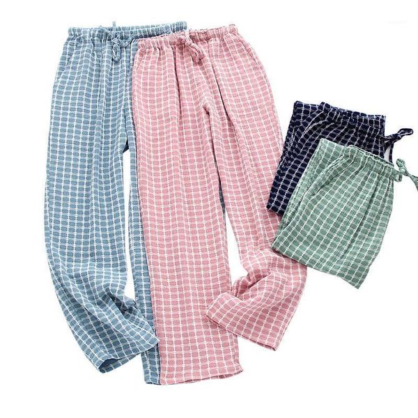 

2020 spring and autumn new lovers soft loose sleep bottom comfort 100 gauze cotton fresh style plaid men and women night pants1, Black;red