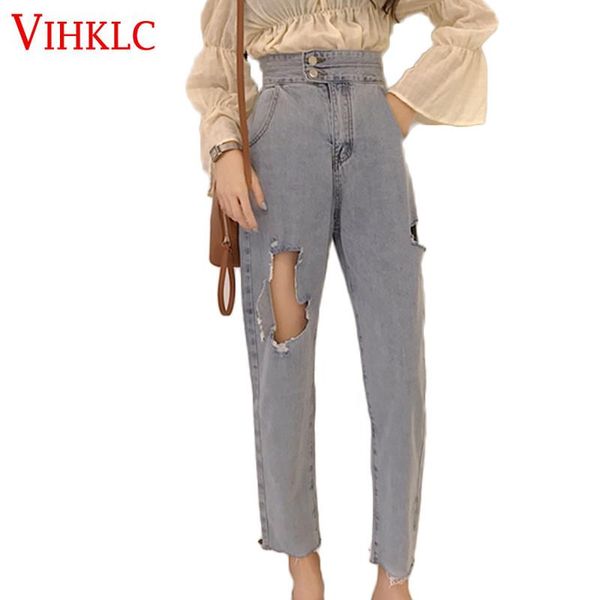 

отверстие высокой талии стройные джинсы гавань ретро шикарное корейский широкий нога дыра дикие свободные гарема брюки женские лето двубортн, Blue