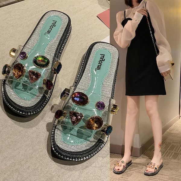 

women shoes 2020 summer new thick bottomed korean one character slipper with water drill for female sandals and student girl slippers