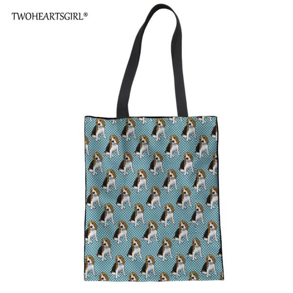 

twoheartsgirl cute polka beagle print shoulder bag for female women animal dog canvas handbags casual shopping tote bags
