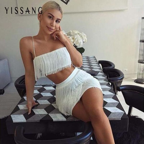 

yissang dress women spaghetti strap summer dresses off the shoulder bodycon two piece dresses with tassel1, White;black