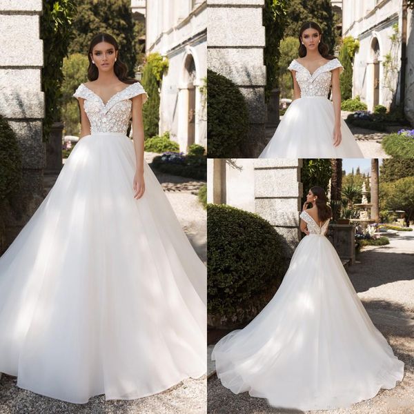 

2021 crystal design bohemian wedding dresses off the shoulder lace a line beach wedding dress sweep train boho bridal gown vestidos de novia, White