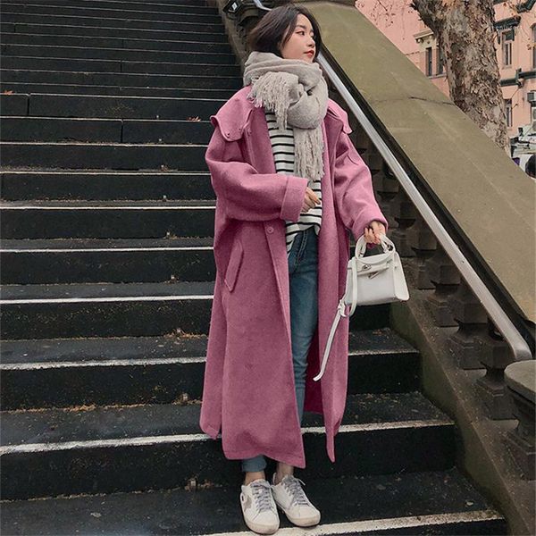 

new winter wool coat fashion women's hat collar belt loose thickening long sleeve classic overcoat warmness chic y1811, Black