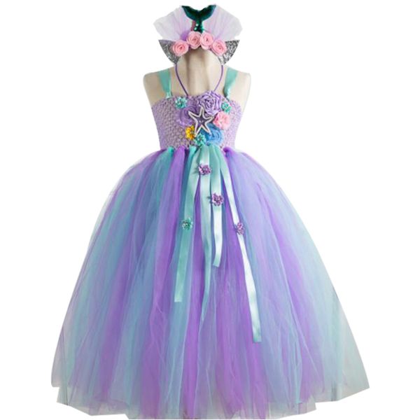 

girls unicorn flower tutu party dress baby kids crochet tulle strap little mermaid ribbons children rainbow dresses clothing set t200709, Red;yellow