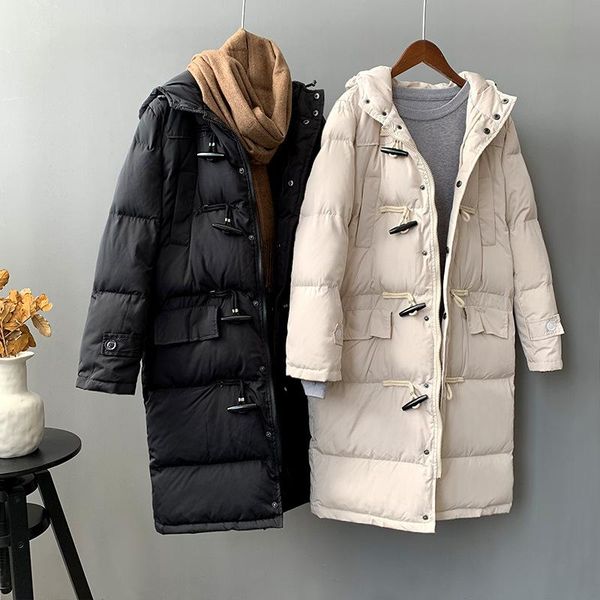 

women's down & parkas nedium long winter solid women coats double horn button hooded jackets with pockets ladies clothing black apricot