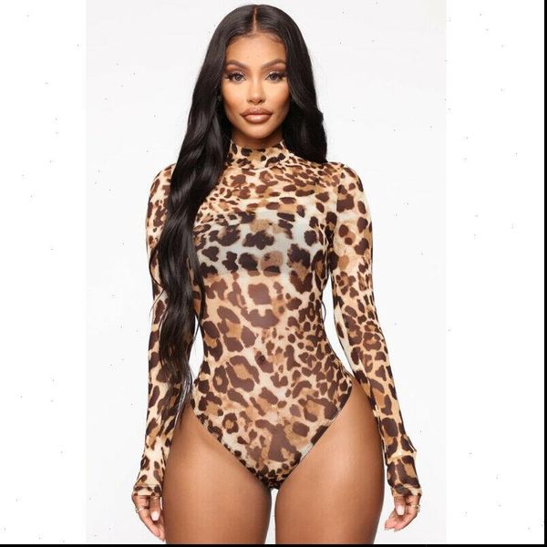 

leopard print bodysuit women long sleeve slinky high neck mesh sheer romper jumpsuit night clubwear bodycon outfit overalls, Black;white