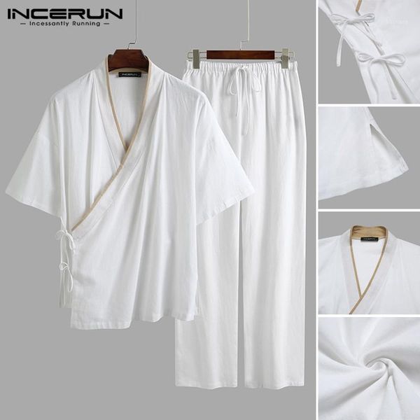 

incerun mens solid color sets vintage v neck short sleeve lace up blouse cotton drawstring pants men casual suits 2 pieces s-5xl1, Gray