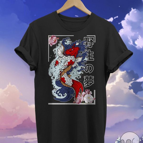 

спорт koi fish shirt япония streetwear хип-хоп одежда японская футболка с эстетическим дизайном soft grunge tumblr рубашка кандзи одежды