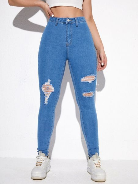 

zip waist ripped skinny jeans m2hb#, Blue