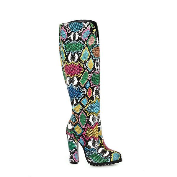 

2021 new snakeskin pu knee square high heel slip on women shoes pointed toe autumn winter long boots size 34-43 mdqy, Black