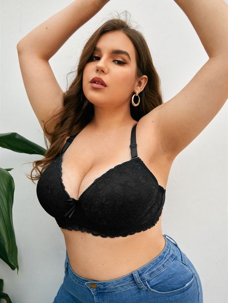 

plus contrast lace underwire bra 34bx#, Black;white