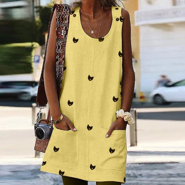 

crew neck clothes daytime casual pockets cat print plus size dresses straight loose sleeveless mini dress sundress #g, Black;gray
