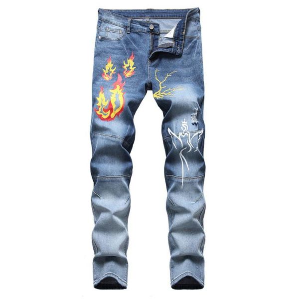 

men's jeans flame print light blue stretch denim ripped pants patchwork trousers