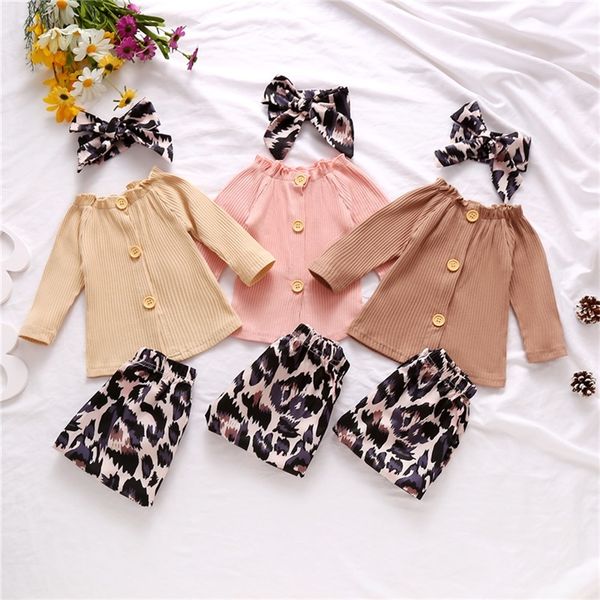 

2020 baby girl's casual clothing suit long sleeve ribbing tshirts leopard print loose pants bow headband outfits lj201221, White