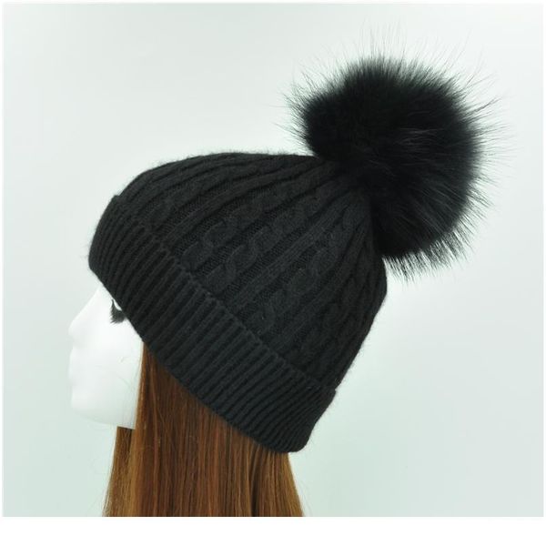 

winter real fur ball beanie thick knit hat women warm raccoon fur pom poms skullies beanies wool kni qylwrh