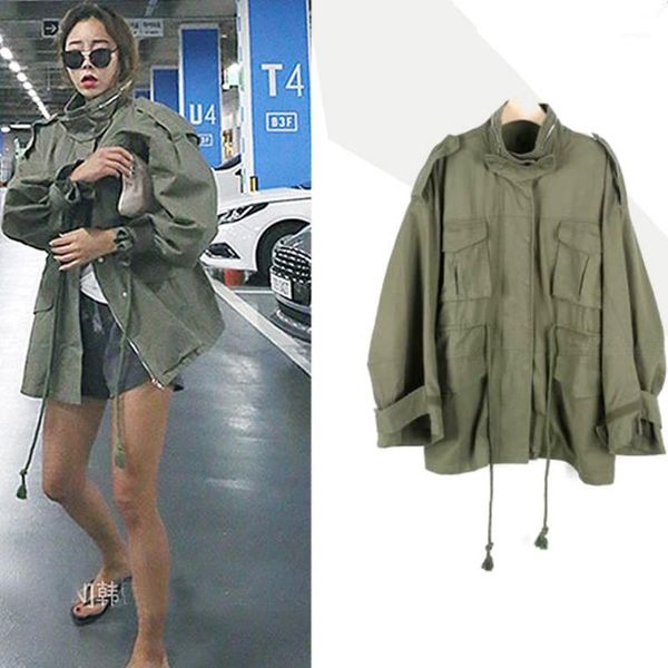

2019 spring autumn new women windbreaker large size standing collar long sleeve safari style short trench coat1, Tan;black