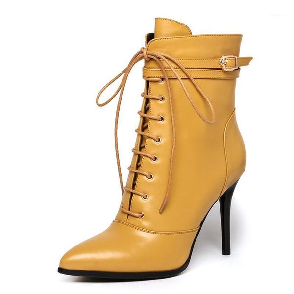 

genuine leather super high thin heel zipper cow leather women boots lace-up high pointed toe pure color winter ankle boots1, Black