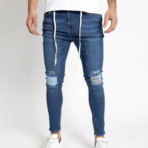 

embroidery stretchy denim pants hole ripped distressed jeans men straight leg jeans drawstring denim trouser hip hop streetwear1, Blue