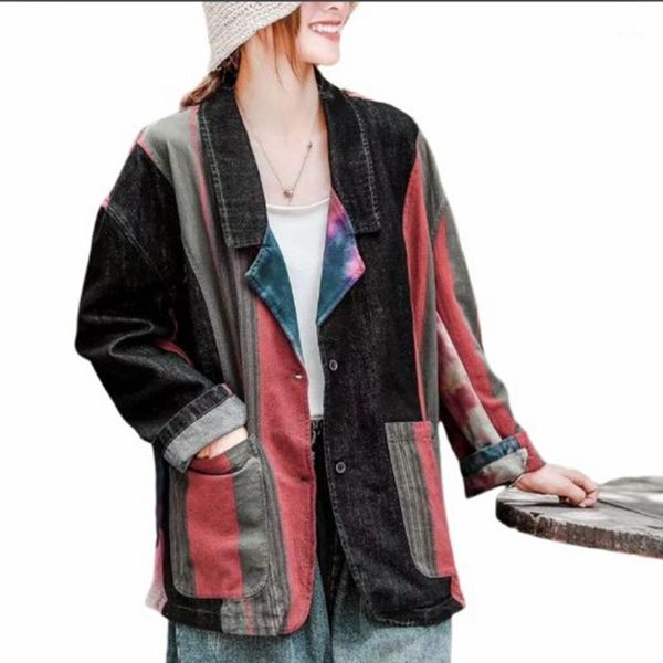 

2020 autumn new retro design short color patchwork jeans suit coat women's long sleeve loose slimming for women jacket1, Black;brown