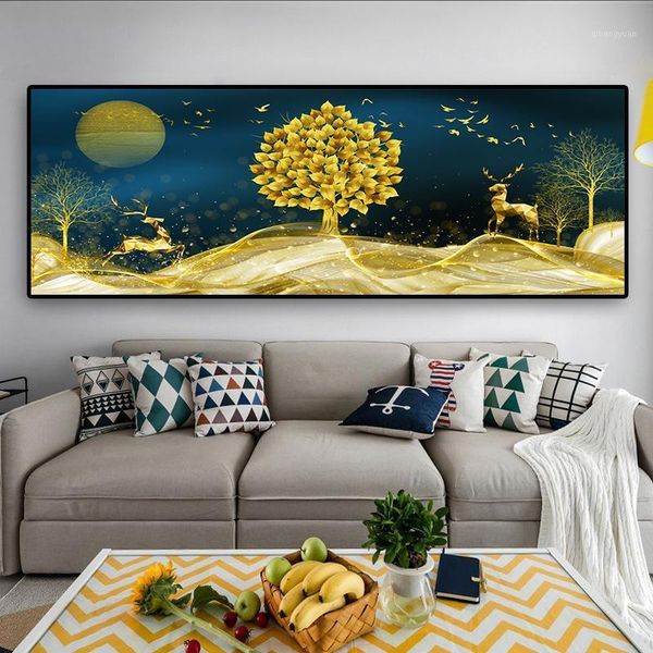

modern abstract golden tree and deer landscape art canvas paintings wall art pictures for living room decor (no frame)1