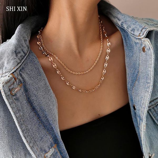 

chokers shixin 2 pcs/set separable layered twisted chain choker necklace for women fashion pig nose designer neck jewelry, Golden;silver