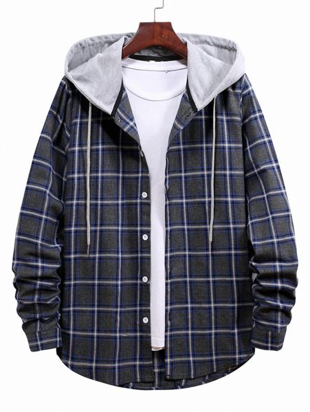 

romwe guys button front plaid hooded shirt q9ct#, White;black