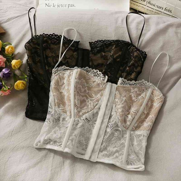 

hollow out crop sleeveless lace off shoulder spaghetti strap tanke women built in bra camisole corset fashion, White