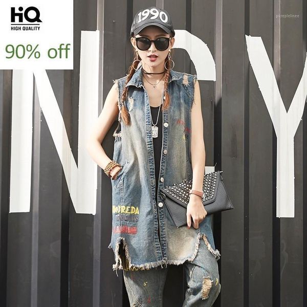 

spring 2020 fashion womens vests streetwear sleeeveless vintage long waistcoat casual korean style distressed woman denim vest1, Black;white