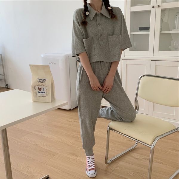 

лето 2020 новый корейский стиль случайные костюм -sleeved спецодежда топ короткая куртка t-рубашка женская короткая куртка + высокая талия п, Gray