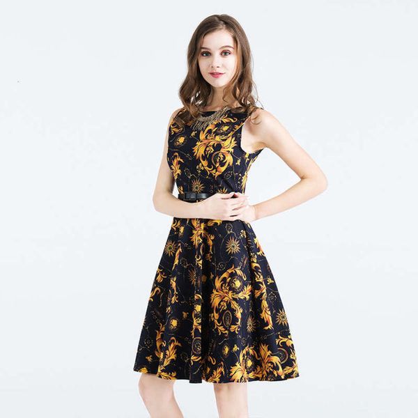 

dress with yellow flower print hepburn on blue background in summer, Black;gray