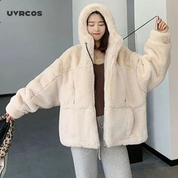 

uvrcos куртка шерсти женщины famale сыпучий искусственный мех zip hooded сгущаться 2020 зимних полупальто отличной текстуры толстой, Black