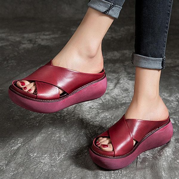

comfy soft leather platform thick heel beach sandal slippers for women chaussure femme, Black