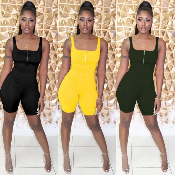 

women sleeveless zipper front solid color bodycon rompers short tight jumpsuit playsuit, Black;white