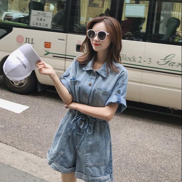 

women 2020 new summer fashion casual denim jumpsuit female turn-down collar rompers with belt ladies short sleeve playsuit l1211, Black;white