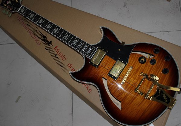 

jazz electric guitar semi hollow body two sidesflame maple gold hardware tremolo