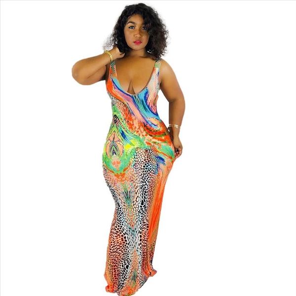 

красочный цветочный печати макси платье женщин v шеи скольжения платье лето 2020 новый рукавов длинное платье плюс размер 3 xl lady party, Black;gray