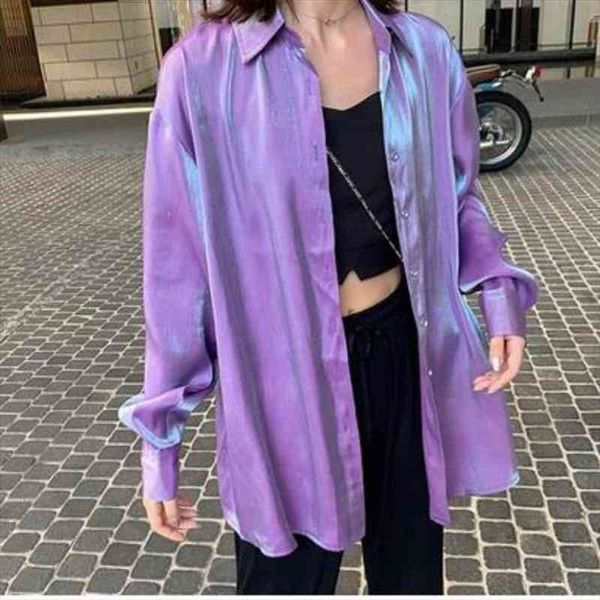 

vinatge chic women gradient shirts lady loose glossy bling shirts korean women gradiend rose red shiny blouses, White