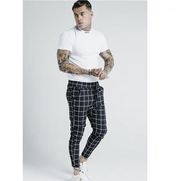

autumn mens long casual sport pants gym slim fit trousers plaid jogger sweatpants bodybuilding joggers stripe trousers1, Black