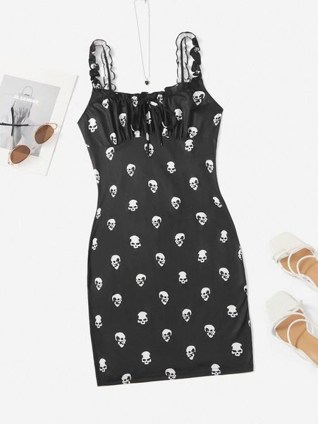 

allover skull print ruched bust cami bodycon dress j80r#, Black;gray